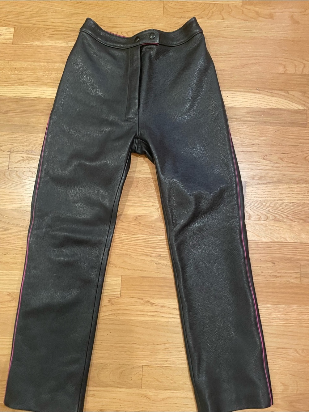 Black heavy weight motorcycle Leather Straight Leg Pants with Pink Side Stripe